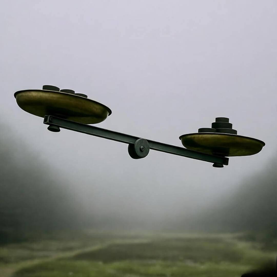 A looming, unbalanced balance scale in foggy morning mist, viewed from below: one pan heavy with weights (rapid fat loss), the other empty (steady progress). A looming, unbalanced balance scale in foggy morning mist, viewed from below: one pan heavy with weights (rapid fat loss), the other empty (steady progress).