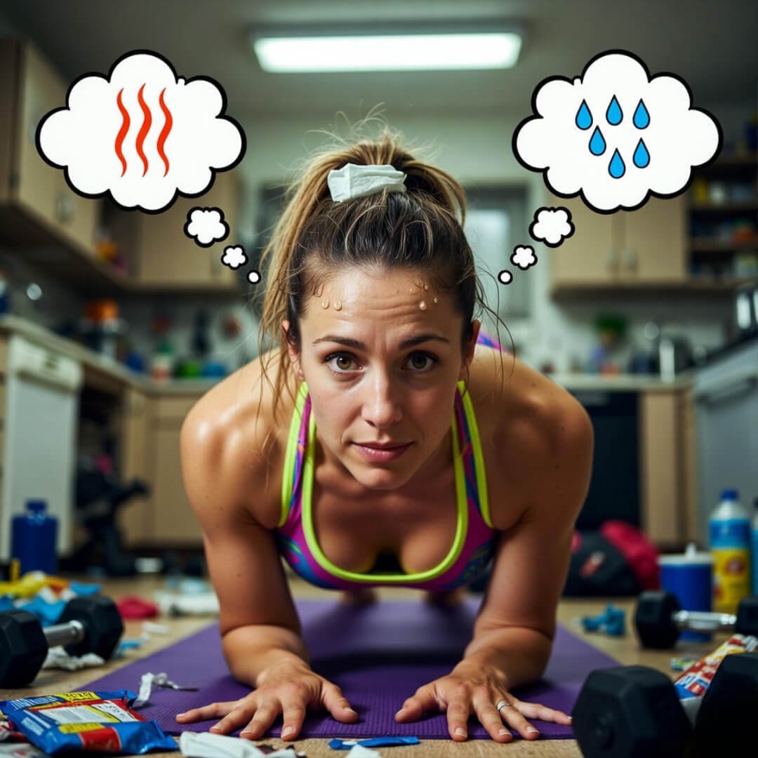Exercise Plans That Ease Menopause Symptoms Sweaty mid-30s woman in downward dog on cluttered kitchen mat, hot flash bubbles, ice pack ponytail—wry workout humor.