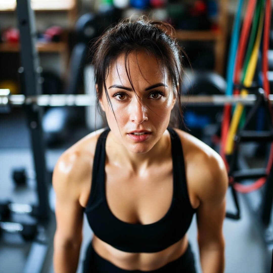 Can Exercise Really Help Control PCOS? A sweaty woman catches her breath post-workout in a cluttered home gym, gazing up through tangled resistance bands symbolizing PCOS chaos, with a cautiously hopeful glow.