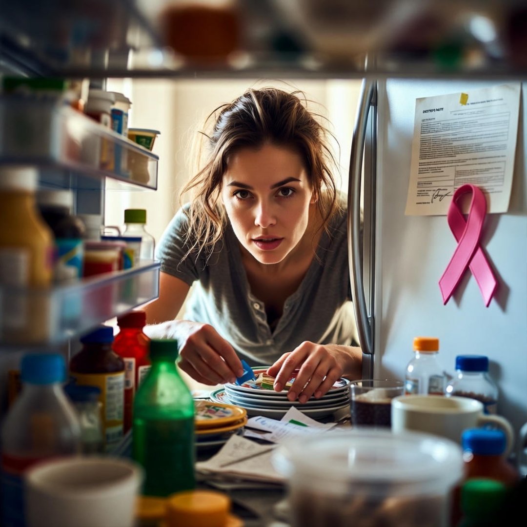 Natural Remedies for PCOS That Doctors Approve A woman rummages in a chaotic kitchen fridge for spearmint, PCOS ribbon magnet and doctor's note on door.