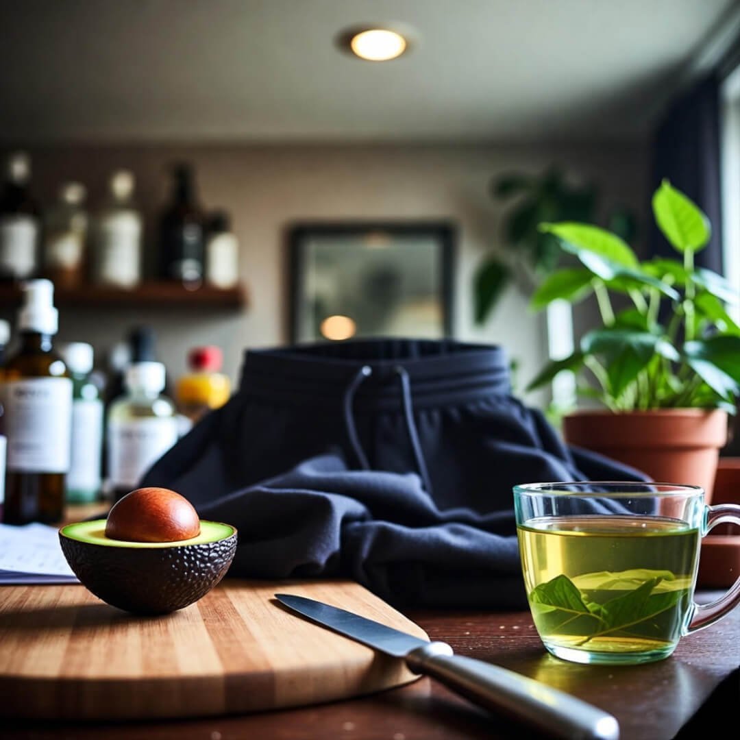Lifestyle Changes That Make PCOS Easier to Manage Hand gripping ripe avocado over yoga mat and steaming tea cup amid cluttered desk, low-angle view evoking PCOS empowerment.