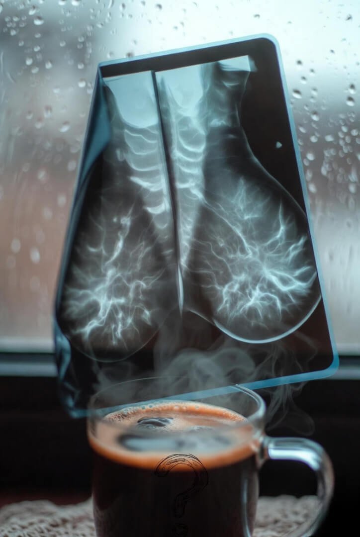 Understanding Breast Density and Cancer Risk A mammogram draped like a scarf over steaming coffee, neural patterns emerging, rainy window backdrop, question mark in foam.