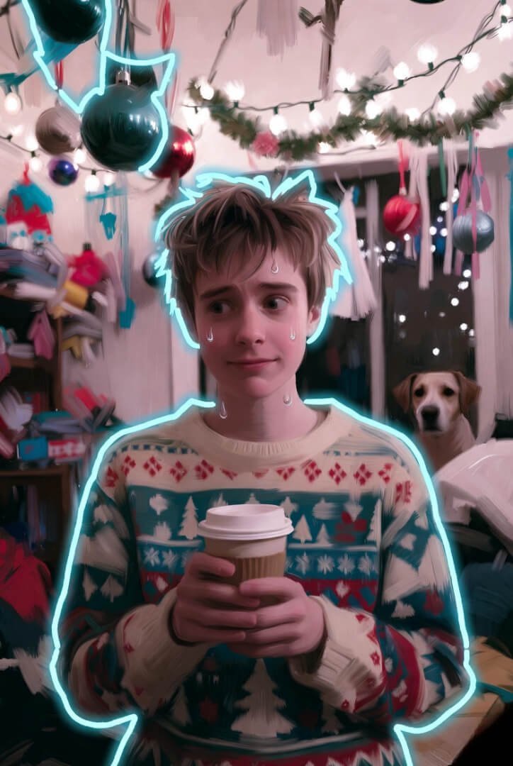 My Wild Take on Surviving Awkward Small Talk in the US Awkwardly sweating man clutches coffee at mismatched holiday party; confused dog watches from corner in neon-pastel haze.