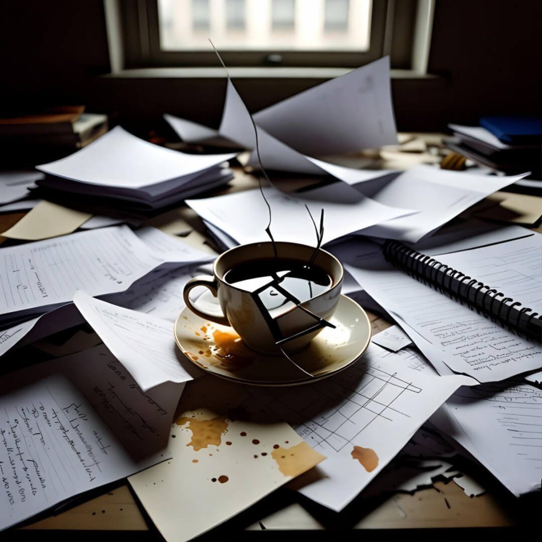 Myths About Breast Cancer You Should Stop Believing A cracked teacup spills coffee truths amid chaotic notes on a low-angle Brooklyn desk mess.