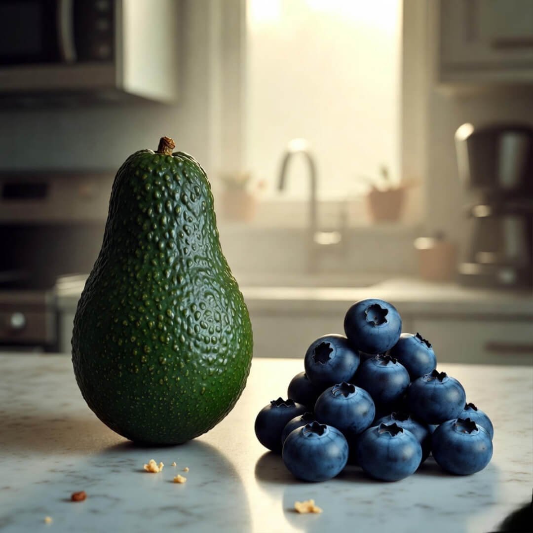 Best Foods to Lower Blood Sugar Naturally Avocado and blueberries pierced by insulin syringes, heroic blood sugar fighters in foggy morning kitchen glow.