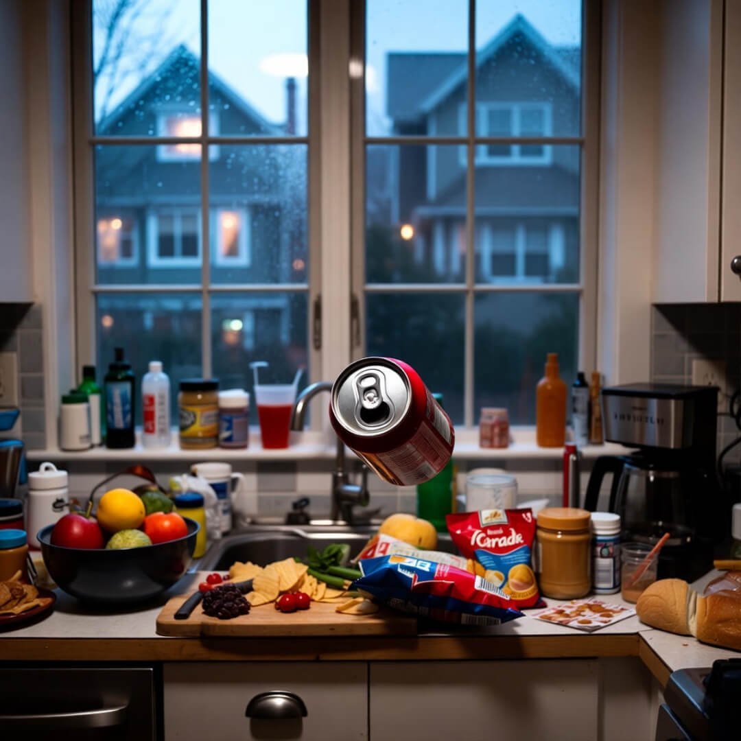 The Truth About Artificial Sweeteners and Diabetes Overhead Polaroid snapshot: Tipping diet soda can spills on cluttered Seattle kitchen counter amid rainy dusk.
