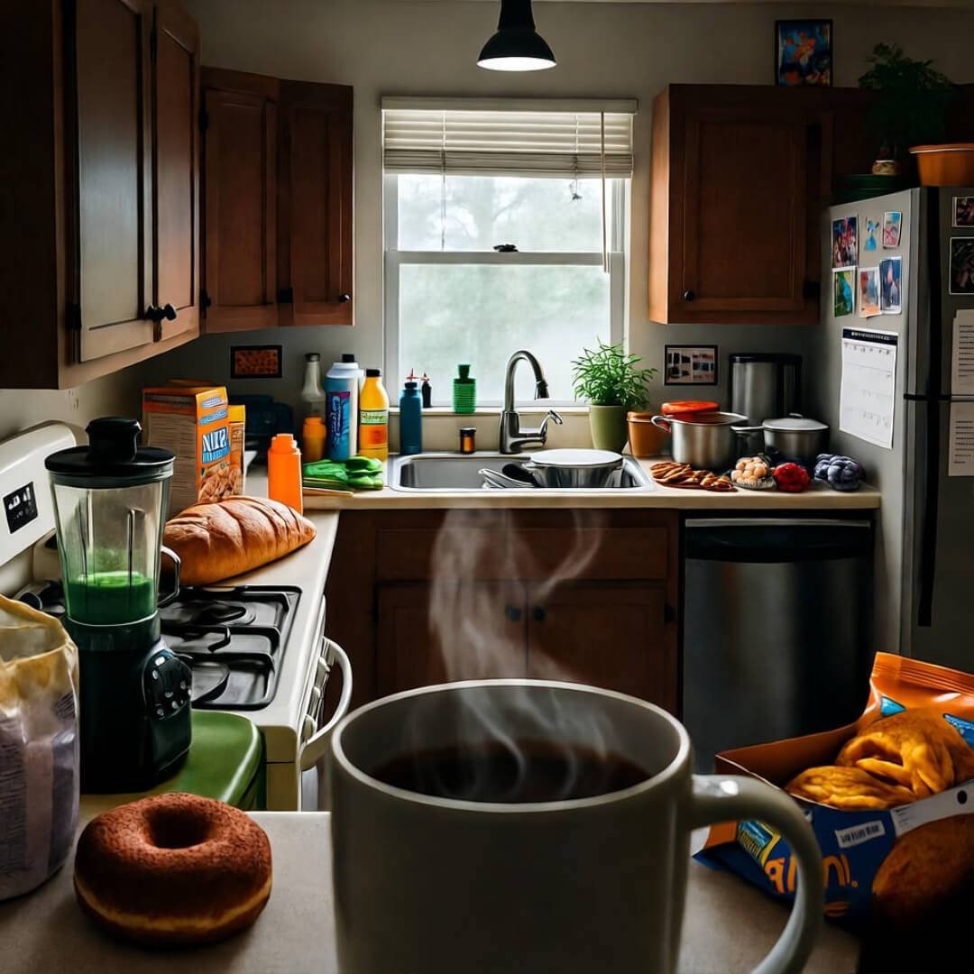 The Truth About Rapid Loss Diets — Safe or Dangerous? A disheveled man with wild hair stares groggily at a digital scale through the steam of a coffee mug in a cluttered American kitchen overflowing with diet debris.