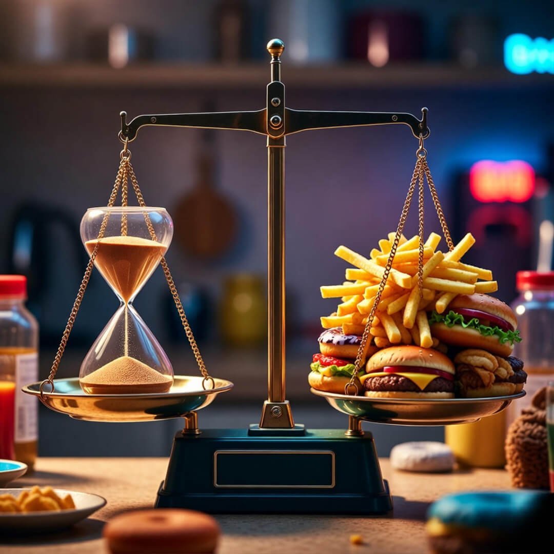 Fasting vs Calorie Restriction: Which Is Better for Fat Burn? A wry kitchen scale tilts toward a chaotic pile of burgers and fries, outweighing a half-empty fasting hourglass, all in neon-glow earth tones from a cluttered countertop POV.