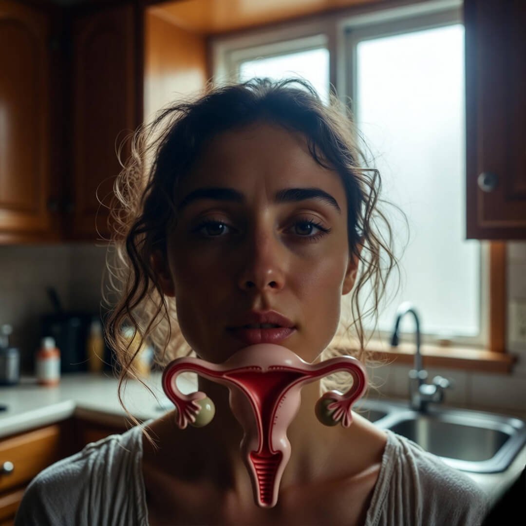 Women and Fasting: Safe Schedules for Hormone Balance A bleary-eyed woman in a foggy morning kitchen, intimately holding a quirky red uterus-shaped timer against her chest, with soft light filtering through the window.