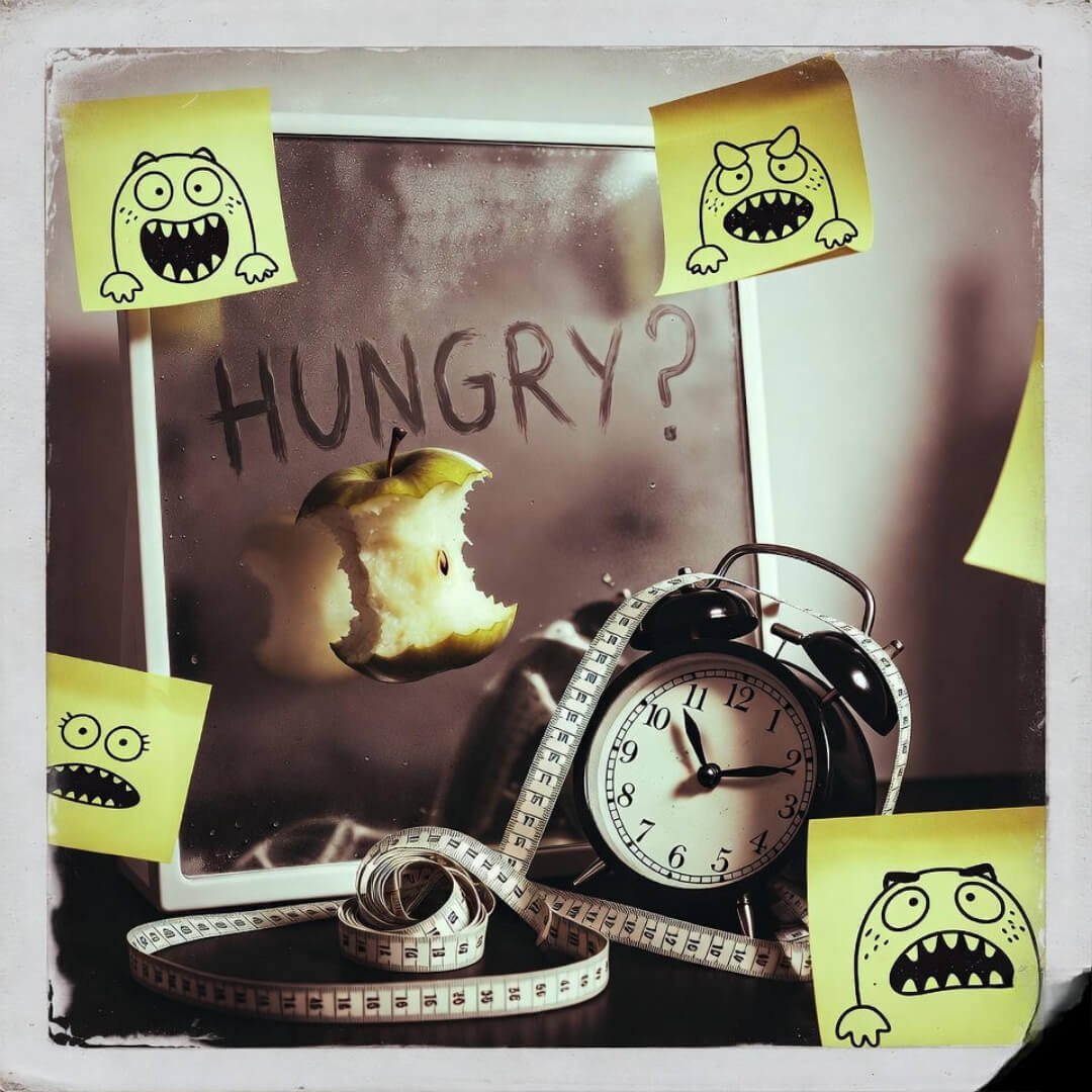 The Ultimate Fasting Schedule for Beginners (Step-by-Step) Vintage Polaroid snapshot in hazy sepia: a levitating half-eaten apple, alarm clock snarled in measuring tape, foggy mirror scrawled "HUNGRY?", and cheeky neon-yellow Post-it monsters doodled with hungry grins.