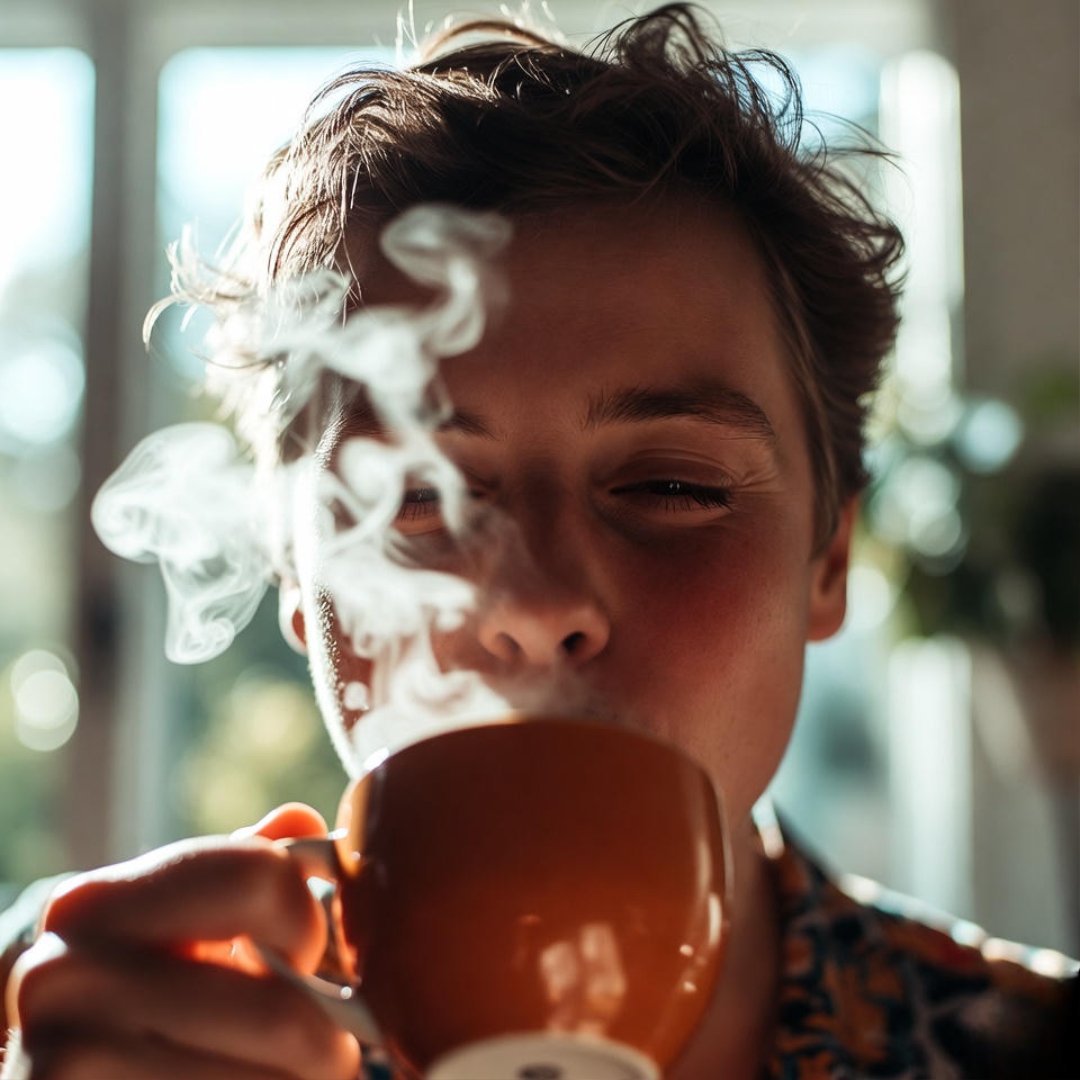 Breaking Your Fast: What to Eat to Maximize Results A bleary-eyed person with tousled hair grins up from a low angle in a messy kitchen, savoring the first steamy sip of coffee from a terracotta mug amid scattered beans and quirky vapor wisps.