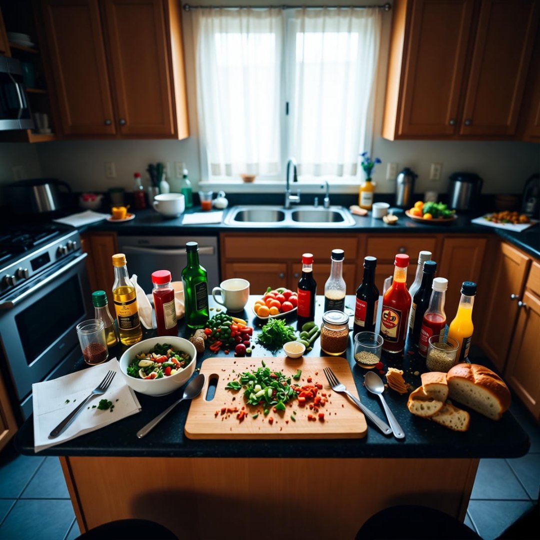 The Perfect Weekly Meal Plan for Busy Professionals A tilted, low-angle photo from floor level under a kitchen island shows a chaotic spread of meal prep: chopped veggies, spices, bread, and utensils scattered on the counter amid warm lighting. Caption: "When the weekly meal plan hits different from floor level."