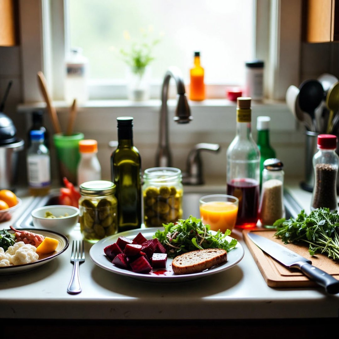 Doctor-Approved Diabetic Meal Plan for Blood Sugar Control A low-angle photo of a vibrant diabetic-friendly meal on a white plate—grilled chicken, roasted beets, quinoa, spinach, and cherry tomatoes—amid a cluttered US kitchen sink area, evoking hopeful determination.