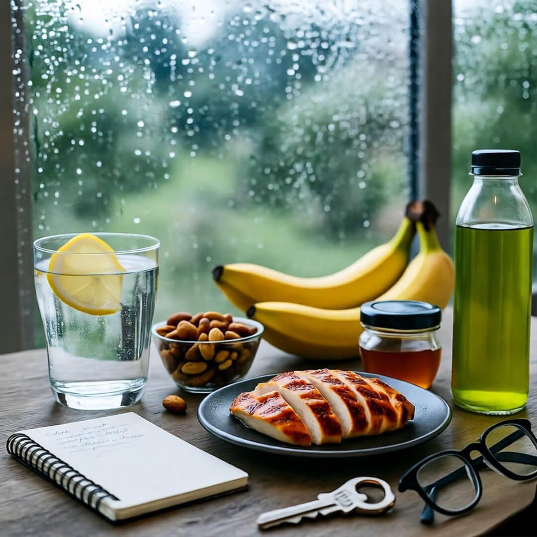 Cluttered coffee table with fresh fruits, nuts, water, and a progress chart, viewed upward through foggy glass on a rainy Seattle morning, symbolizing hopeful metabolism tweaks. Cluttered coffee table with fresh fruits, nuts, water, and a progress chart, viewed upward through foggy glass on a rainy Seattle morning, symbolizing hopeful metabolism tweaks.