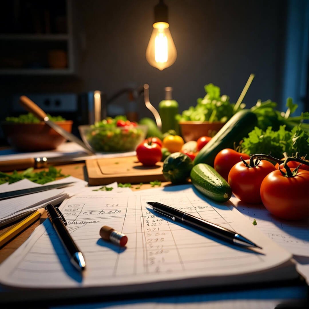 How to Meal Plan Like a Nutritionist: Simple Guide? Cluttered kitchen counter: open notebook with meal notes amid scattered veggies under dim bulb light.