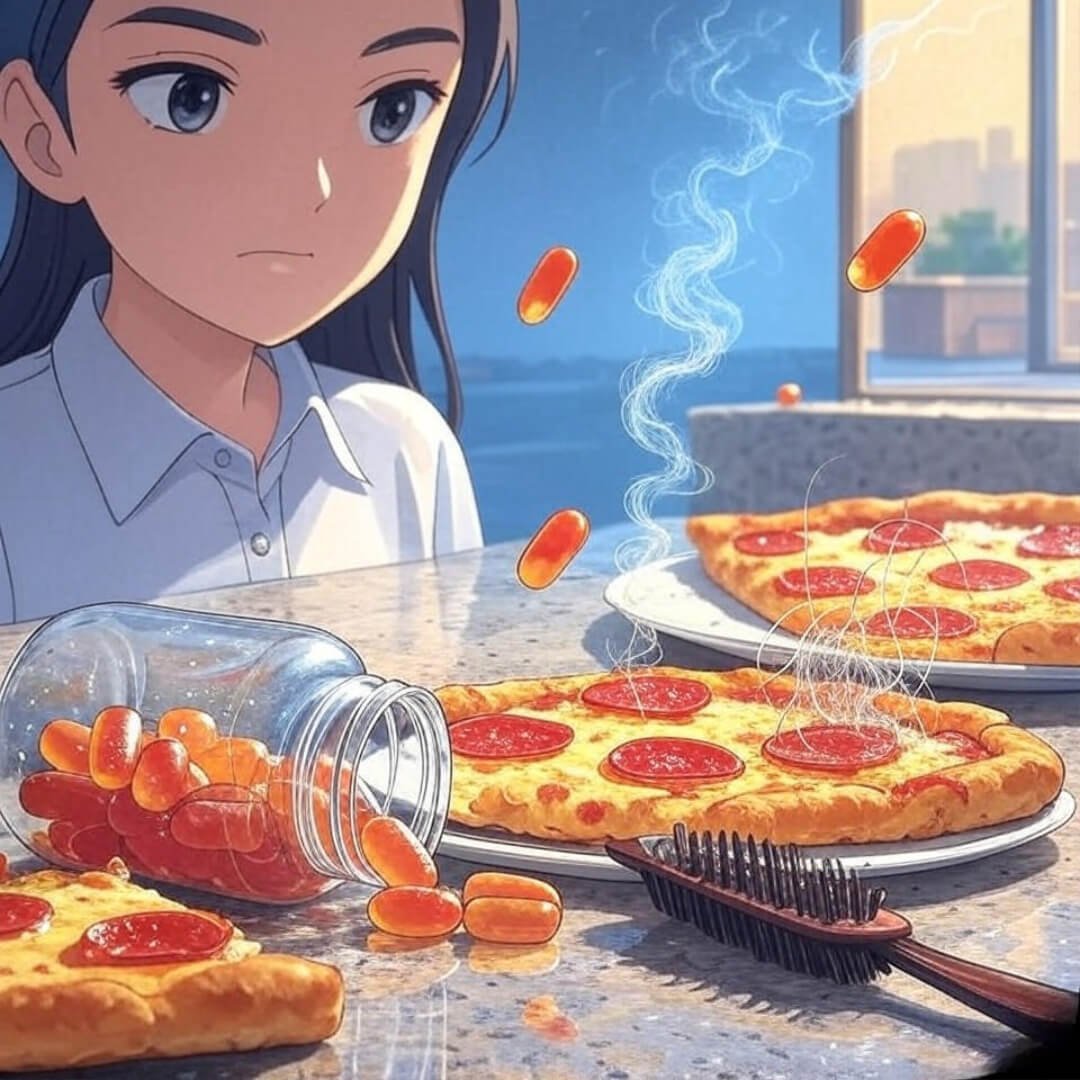 Best Vitemins for Glo-wing Skin n Strong Hairr Anime girl gazes wearily at spilled orange gummy vitamins, cold pizza, and tangled hairbrush on a hazy morning counter.