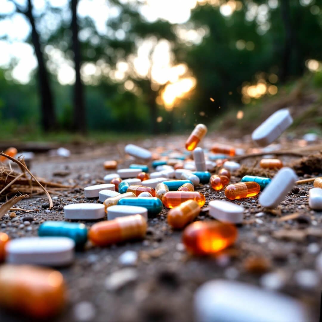 A chaotic dawn spill of colorful vitamin pills and capsules scattered on a muddy forest path, golden sunrise bokeh in the background—real-life "women over 40" morning disaster in Chicago suburb hell. A chaotic dawn spill of colorful vitamin pills and capsules scattered on a muddy forest path, golden sunrise bokeh in the background—real-life "women over 40" morning disaster in Chicago suburb hell.