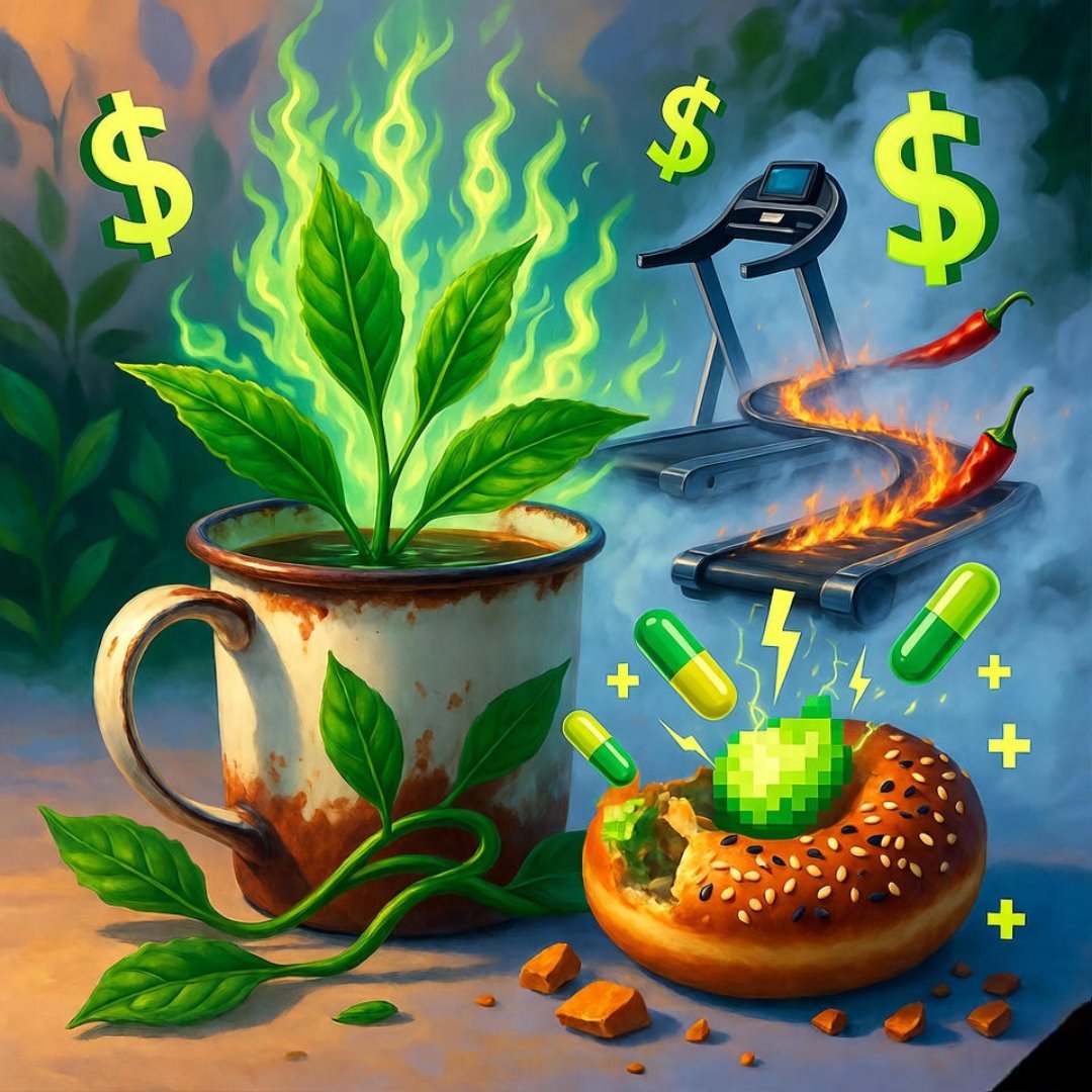 An impressionistic digital painting of a rusty mug overflowing with emerald tea leaves twisting like flames, a half-eaten donut crumbling into pixelated fat cells zapped by lightning-like supplements, a foggy treadmill unraveling into chili ember trails, and winking dollar-sign sweat drops, in earthy terracotta, lime, and indigo tones. An impressionistic digital painting of a rusty mug overflowing with emerald tea leaves twisting like flames, a half-eaten donut crumbling into pixelated fat cells zapped by lightning-like supplements, a foggy treadmill unraveling into chili ember trails, and winking dollar-sign sweat drops, in earthy terracotta, lime, and indigo tones.