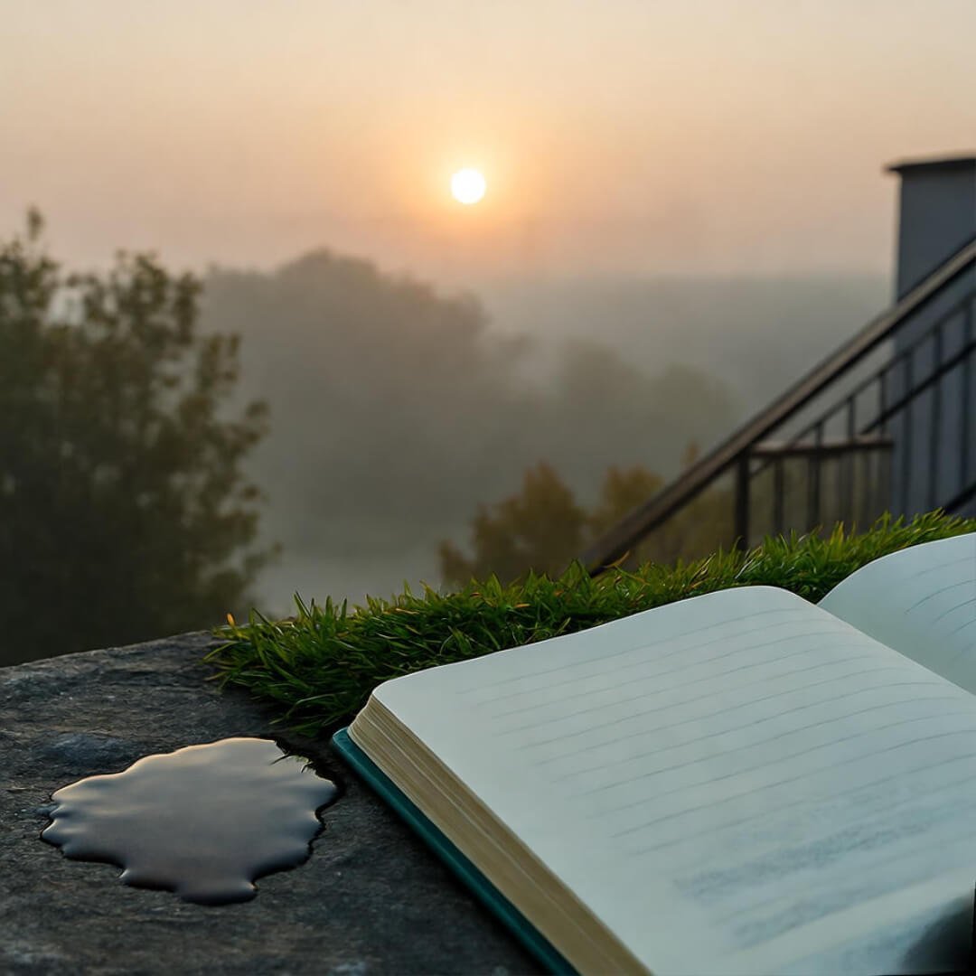 7 Morning Habits That Accelerate Rapid Fat Loss Naturally Blurry dawn photo from fire escape: tea-stained journal page, dew-kissed grassy sneakers, and hazy urban sunrise.