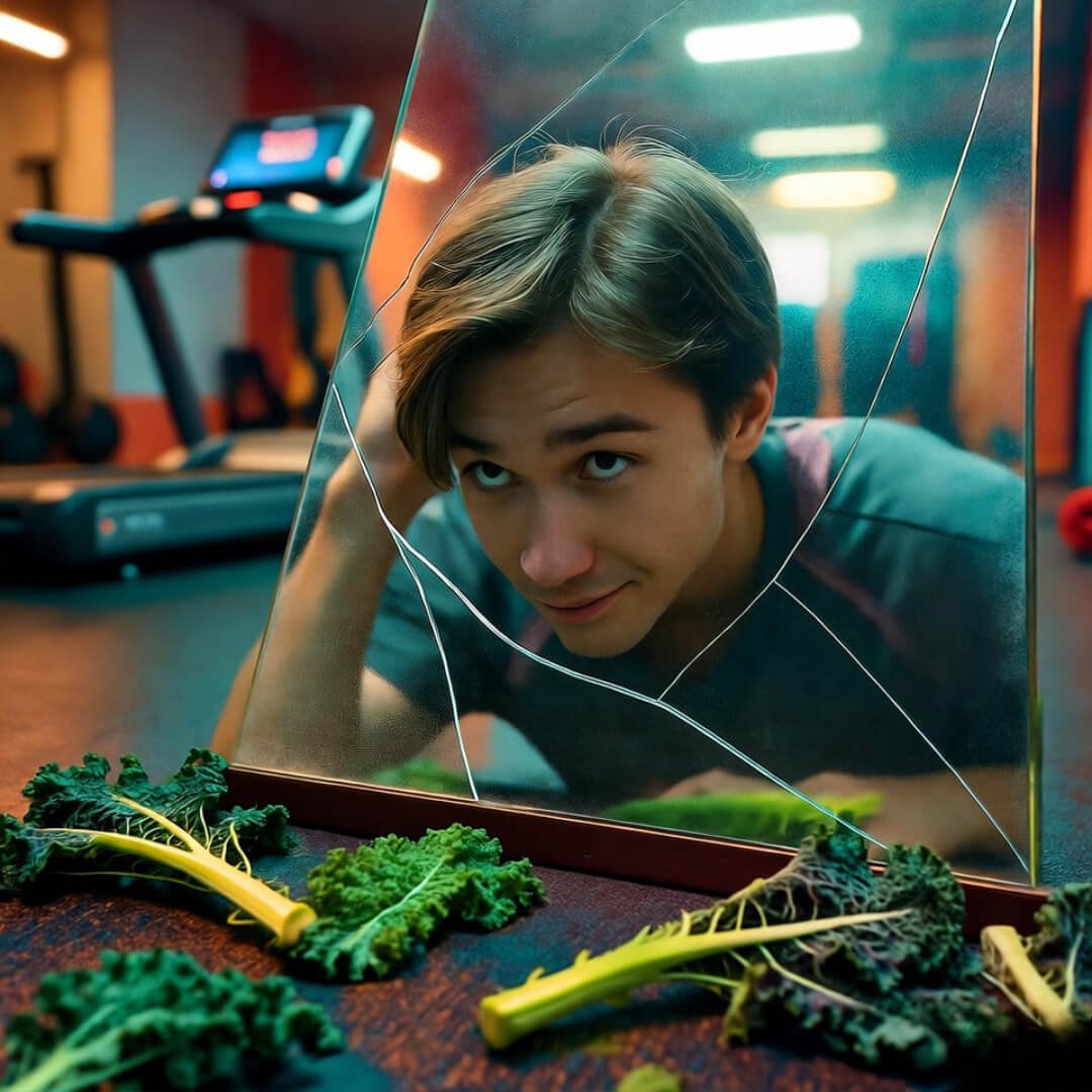 Rapid Loss Myths Busted: What Fitness Coaches Want You to Know A low-angle photorealistic shot of a young man awkwardly crouching to glimpse his wry reflection in a foggy, cracked gym mirror, amid scattered kale and a glitching treadmill, evoking teal-orange myth-busting humor.