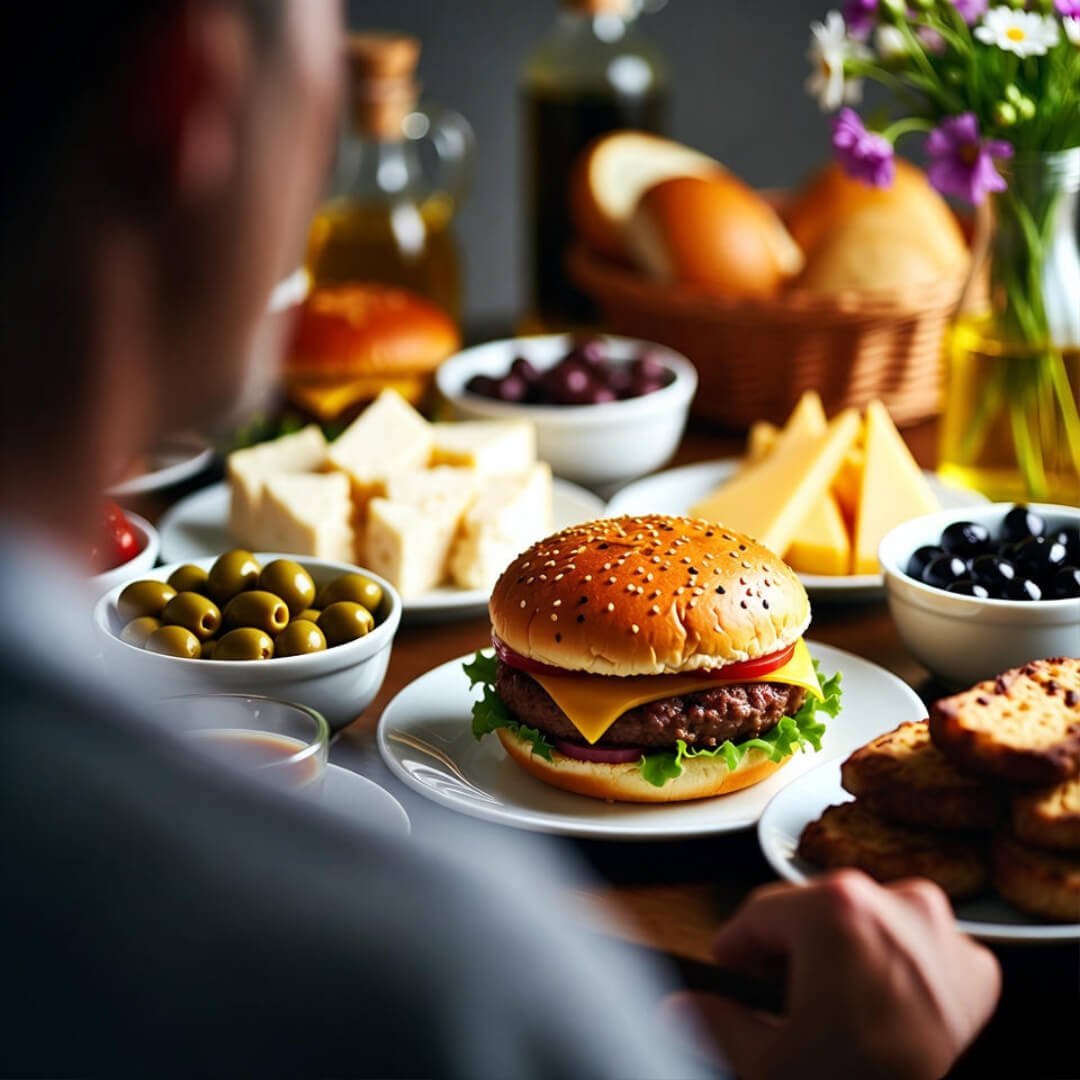 Mediterranean Diet: Why It’s the Healthiest in the World A low-angle spy's view under the table: a lush Mediterranean spread of olives, cheeses, and breads, awkwardly upstaged by a lone, sesame-studded burger.
