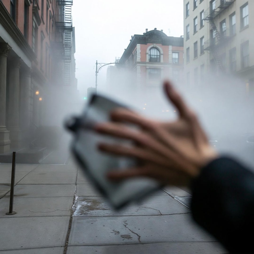 Breathing Techniques to Stop Panic Attacks Instantly A blurry hand deploys a misty breath shield in front of a foggy NYC sidewalk, with street anchors looming in the haze.