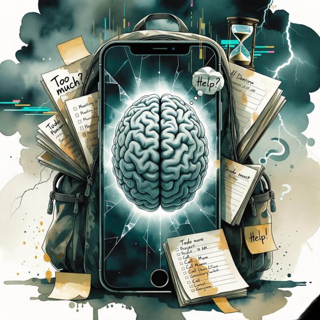 Anxiety vs. Stress: How to Actually Tell ‘Em Apart Without Losing Your Mind A glitchy, cracked smartphone shows a stormy brain scan; backpack overflows with stained to-do lists; hourglass sand swirls into question marks.