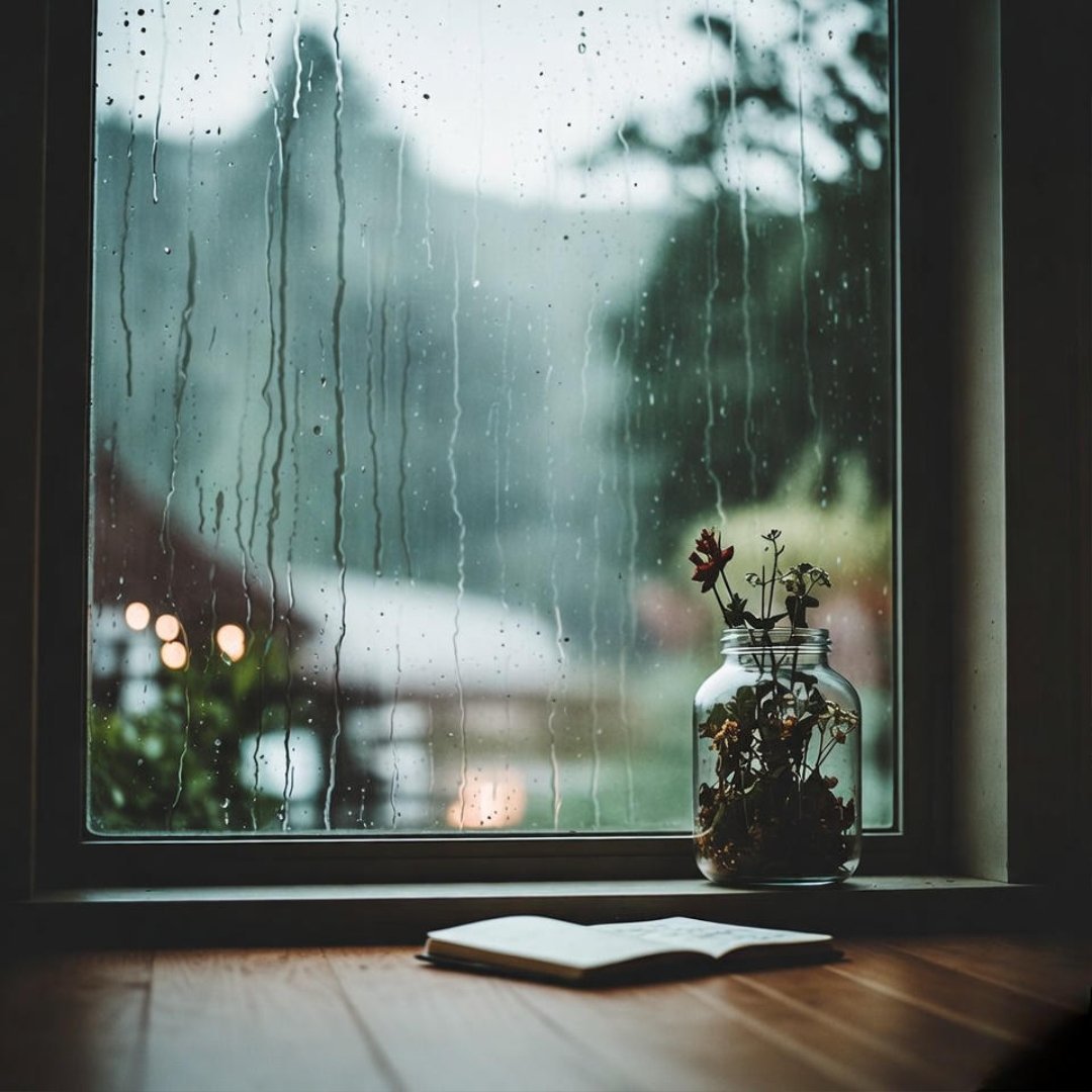 9 Natural Remedies That May Help Ease Depression Blurry PNW rainy windowsill: herbal jar, notebook, and firefly glow from low angle.