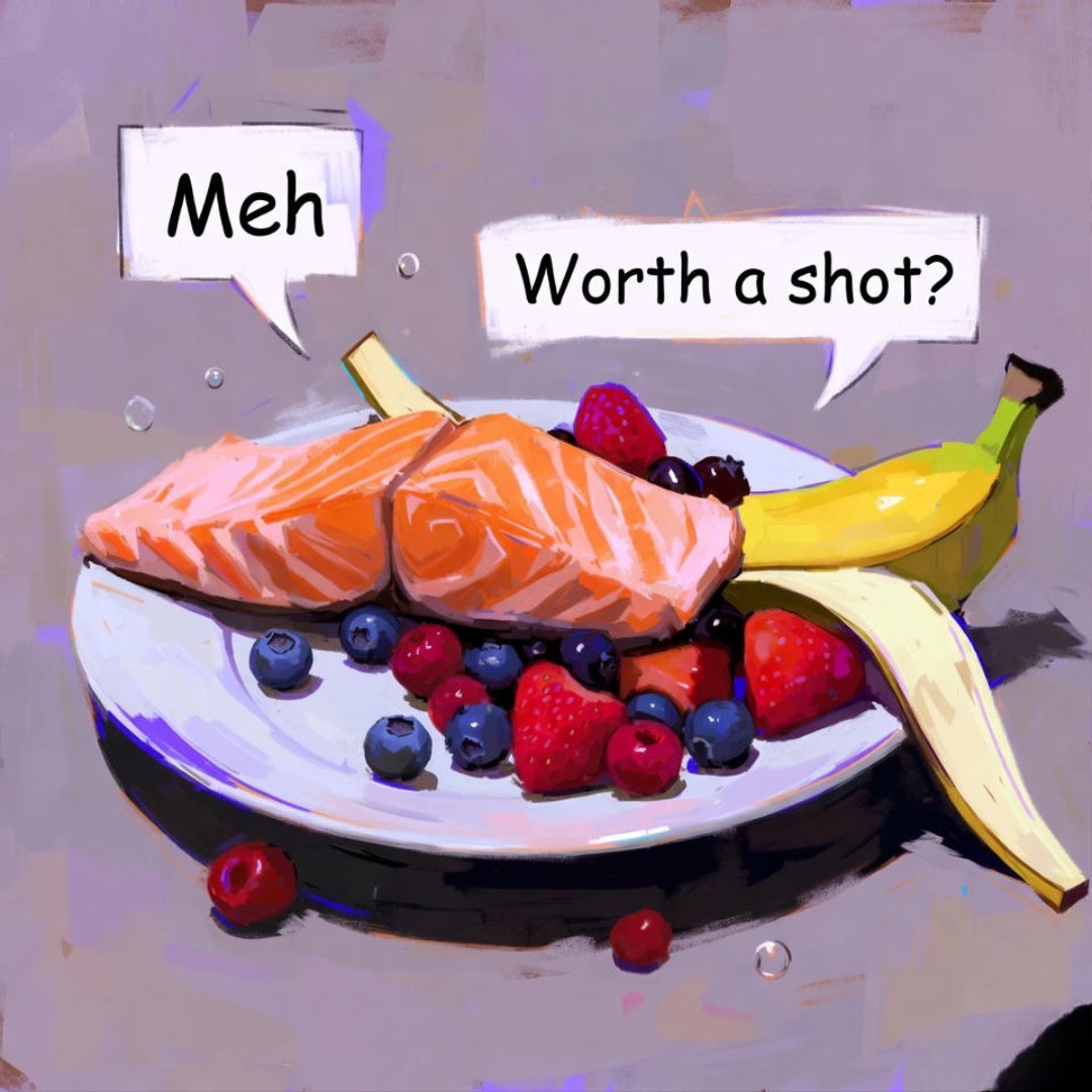 Depression and Diet: Foods That Can Help Lift Your Spirits (Or At Least Not Make It Worse, Ya Know?) Impressionistic digital painting of floppy salmon, bruised berries, sad banana peel, and wry "Meh" speech bubbles.
