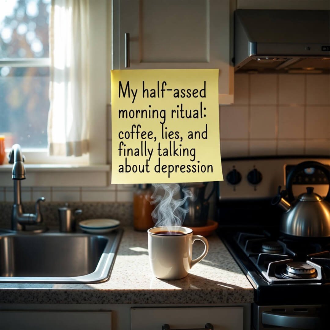 Talking About Depression: Why Breaking the Silence Matters Steaming coffee mug on dawn-lit Seattle kitchen counter, with sticky note on ritual of coffee, lies, and depression.