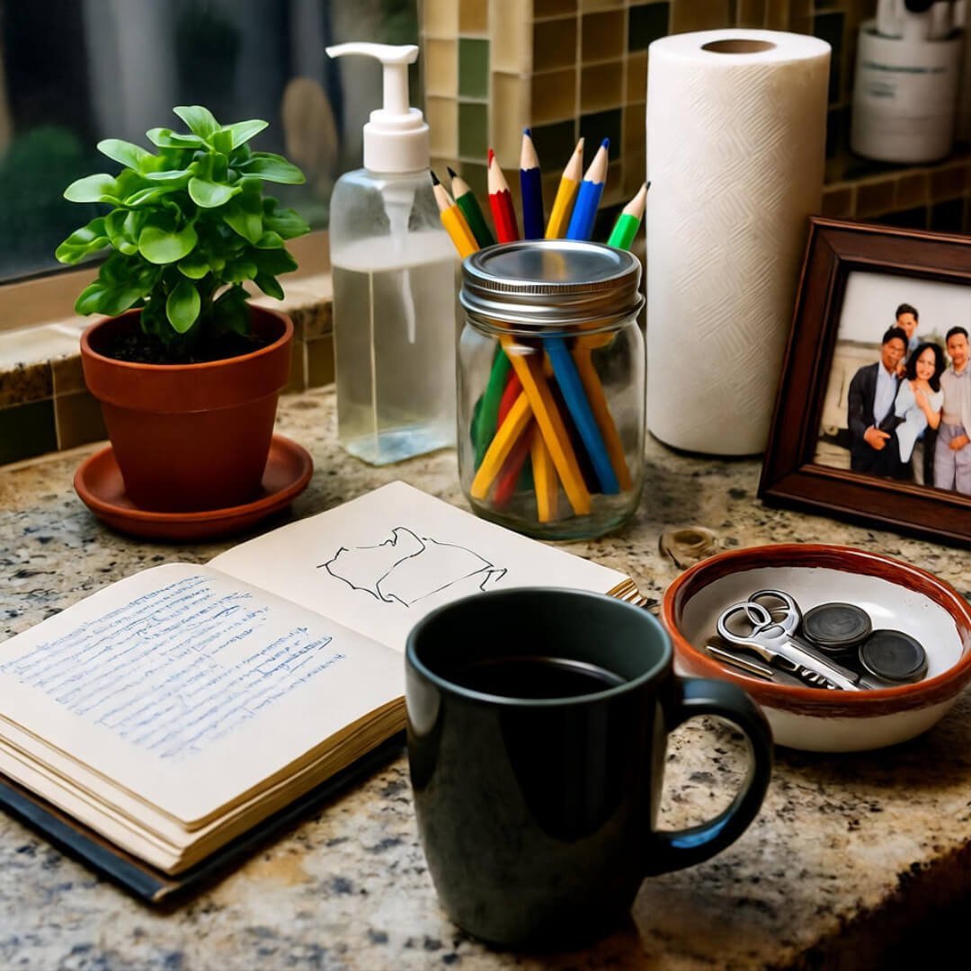 A low, tilted POV shot of a cluttered Los Angeles kitchen countertop: an open, coffee-stained transformation journal with scribbled notes, A low, tilted POV shot of a cluttered Los Angeles kitchen countertop: an open, coffee-stained transformation journal with scribbled notes,