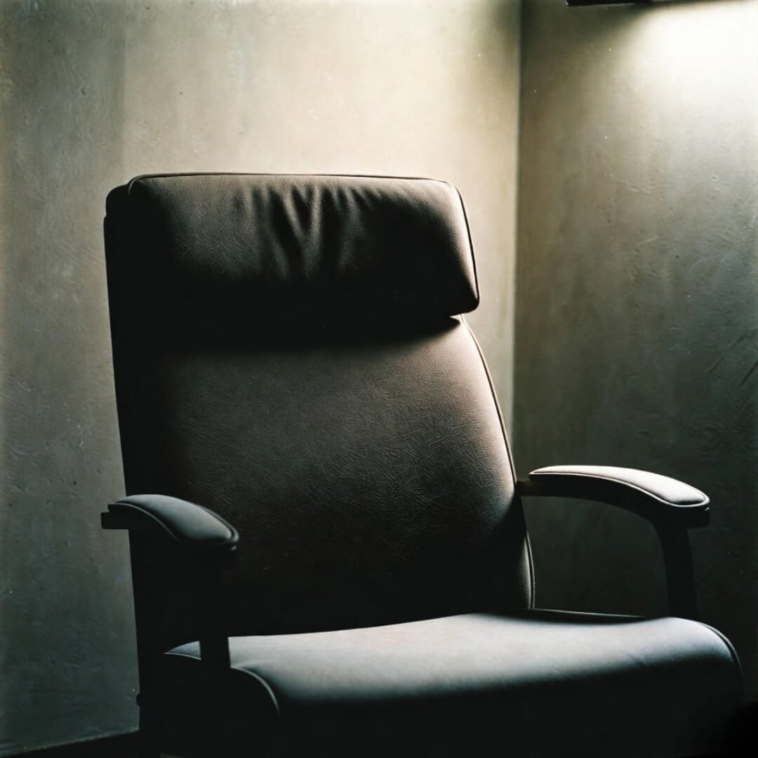 How to Find a Good Therapist Who Truly Fits You? Dimly lit therapy chair, tilted angle, evoking uneasy vibes.