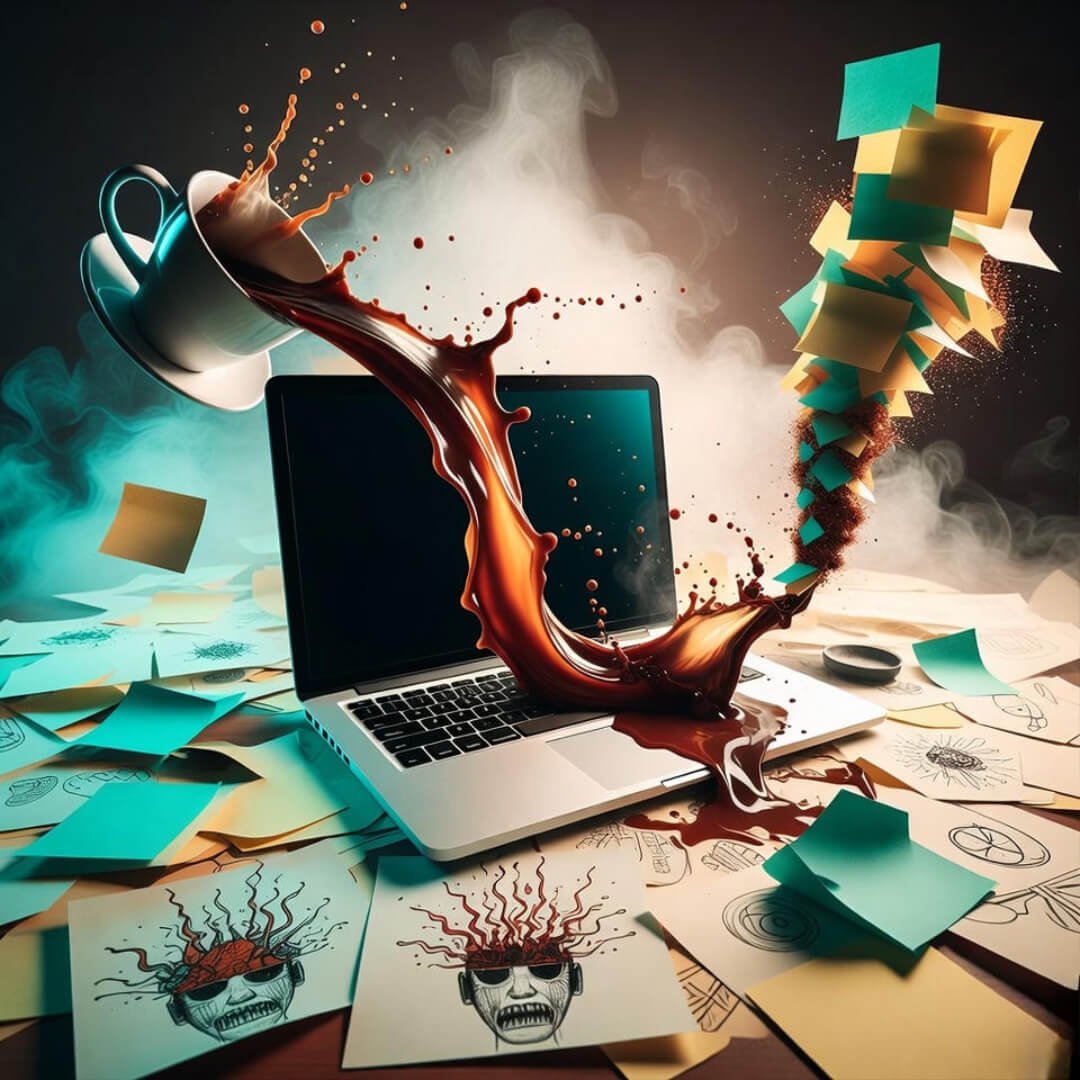 Can Therapy Help with Chronic Stress and Burnout? Coffee flood engulfs laptop amid exploding-head doodles and sticky-note tornado in hazy teal-neon chaos.