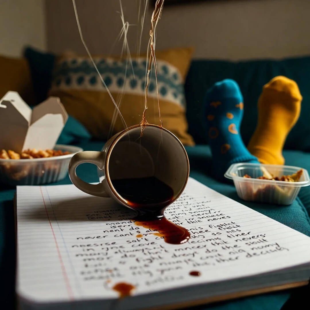 Couples Therapy: 7 Signs It’s Time to Get Help Cracked mug spills coffee on scribbled therapy notes beside takeout; mismatched socks peek from couch.