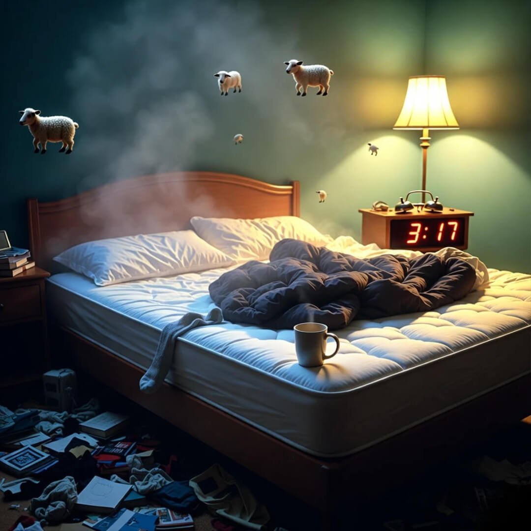 Rumpled bed at 3:17 AM, sock dangling, coffee tipping, tiny sheep floating in hazy teal lamplight. Rumpled bed at 3:17 AM, sock dangling, coffee tipping, tiny sheep floating in hazy teal lamplight.