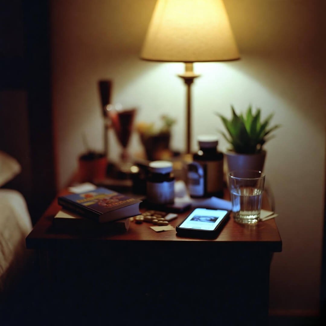 Blog Title: The Connection Between Sleep and Mental Health Cluttered nightstand at 3:17 AM: glowing phone battles chamomile tea, books, glasses, and plants in cozy chaos.