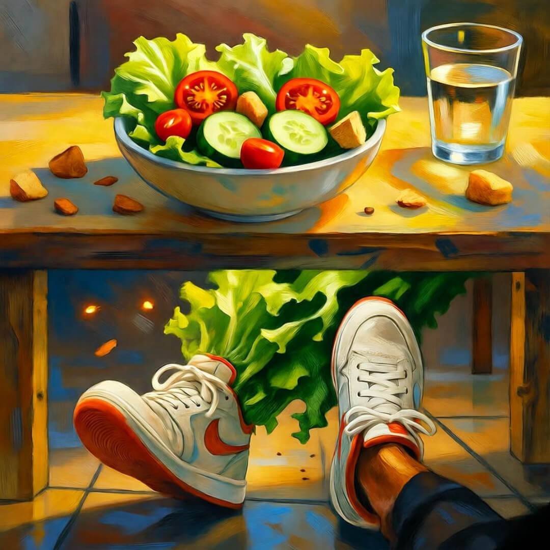 Impressionist artwork: A vibrant salad bowl on a kitchen table morphs into white Nike sneakers with lettuce "toes," viewed from a low floor angle in hazy morning light. Impressionist artwork: A vibrant salad bowl on a kitchen table morphs into white Nike sneakers with lettuce "toes," viewed from a low floor angle in hazy morning light.