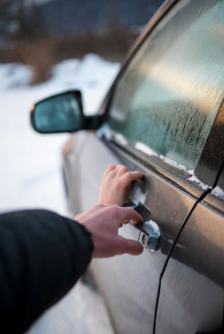 Frozen hand struggles with icy car door Frozen hand struggles with icy car door