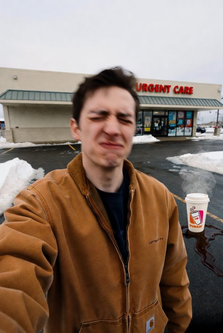 "Should've listened" face, spilled Dunkin' in snow "Should've listened" face, spilled Dunkin' in snow