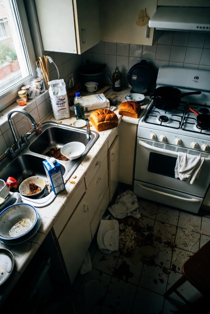 Lazy low-angle view of post-cooking wreckageLazy low-angle view of post-cooking wreckage Lazy low-angle view of post-cooking wreckage