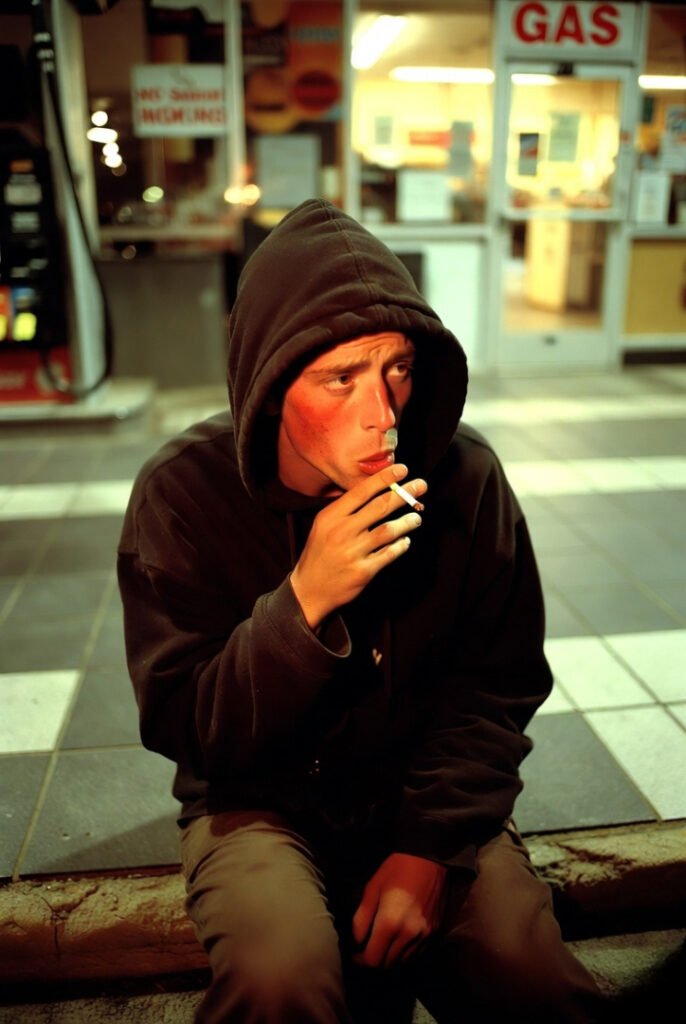 Gas station curb, post-cough cigarette betrayal