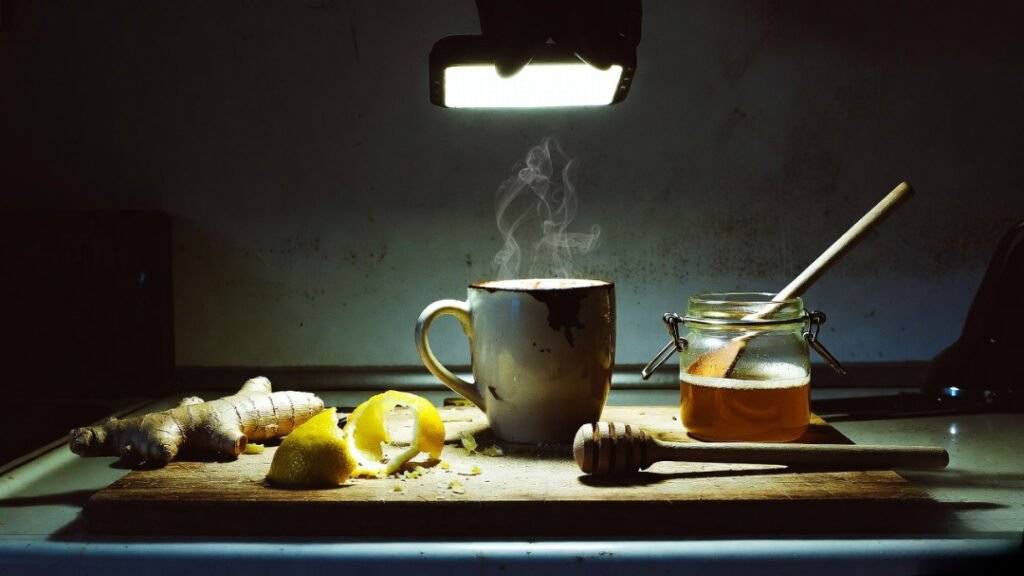 Ginger, lemon, honey steam in chipped mug