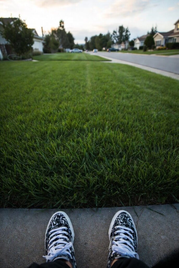 "Low-angle sneakers on dew-kissed suburban sidewalk"