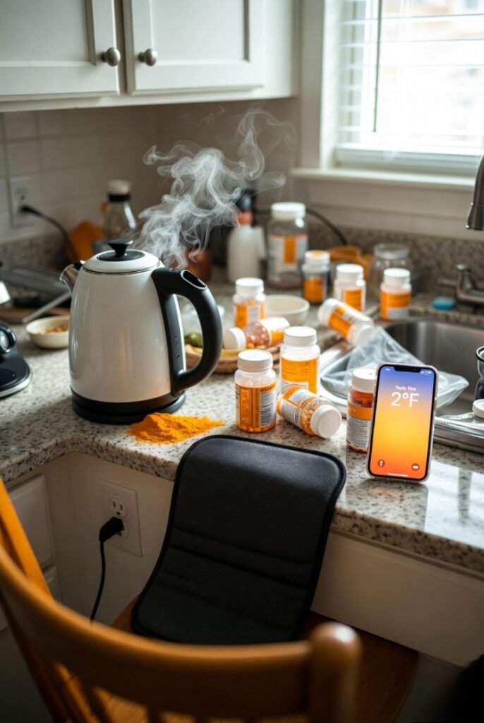 Morning mess: steaming kettle, spilled turmeric, pills