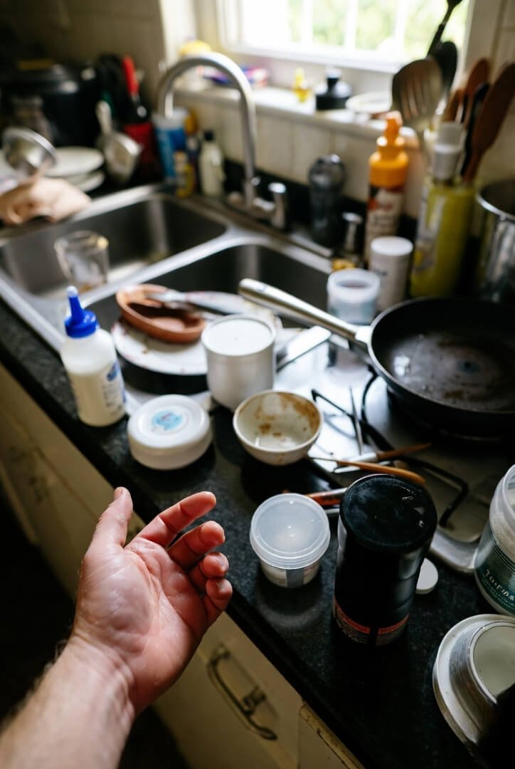 Swollen hand in a chaotic kitchen mess Swollen hand in a chaotic kitchen mess