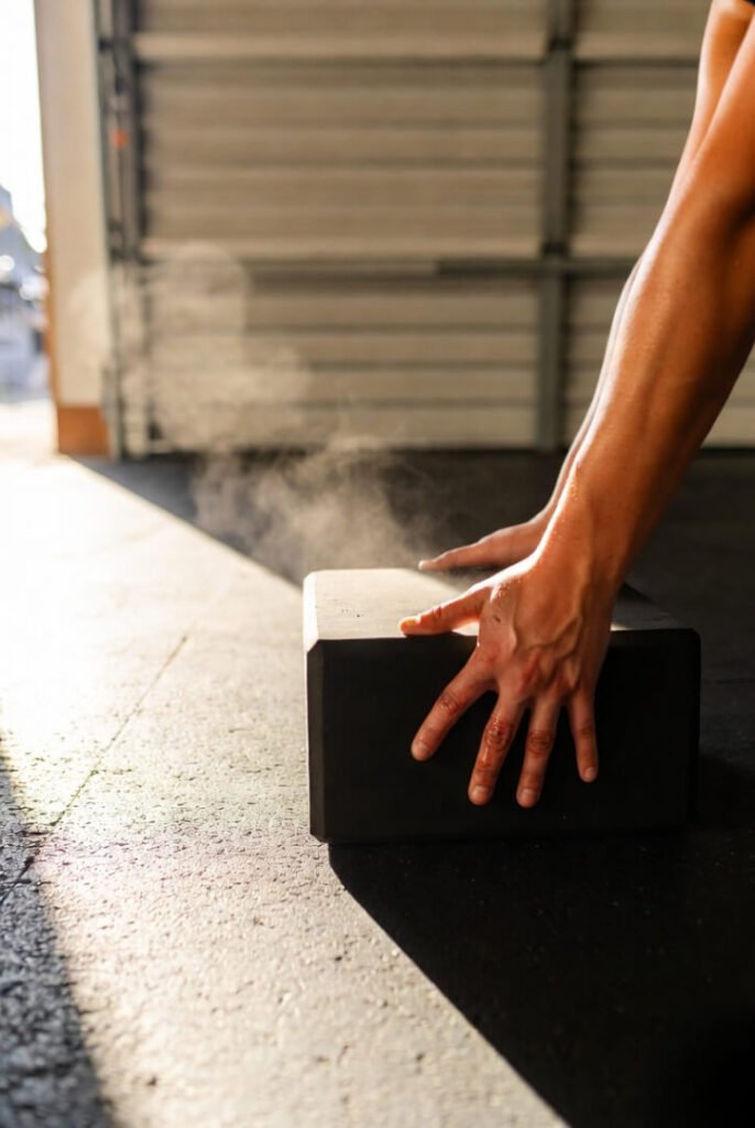 Scarring hands compressing foam block in garage sun