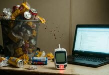 Stress and Diabetes: The Hidden Connection An overstuffed trash can spilling fast-food wrappers and empty energy drink cans right next to a forgotten glucose meter with a strip still sticking out, plus a laptop screen frozen on an unread work email chain