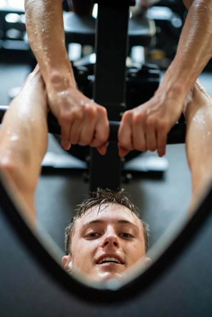 Sweaty rower mirror selfie, exhausted half-grin “why again?”